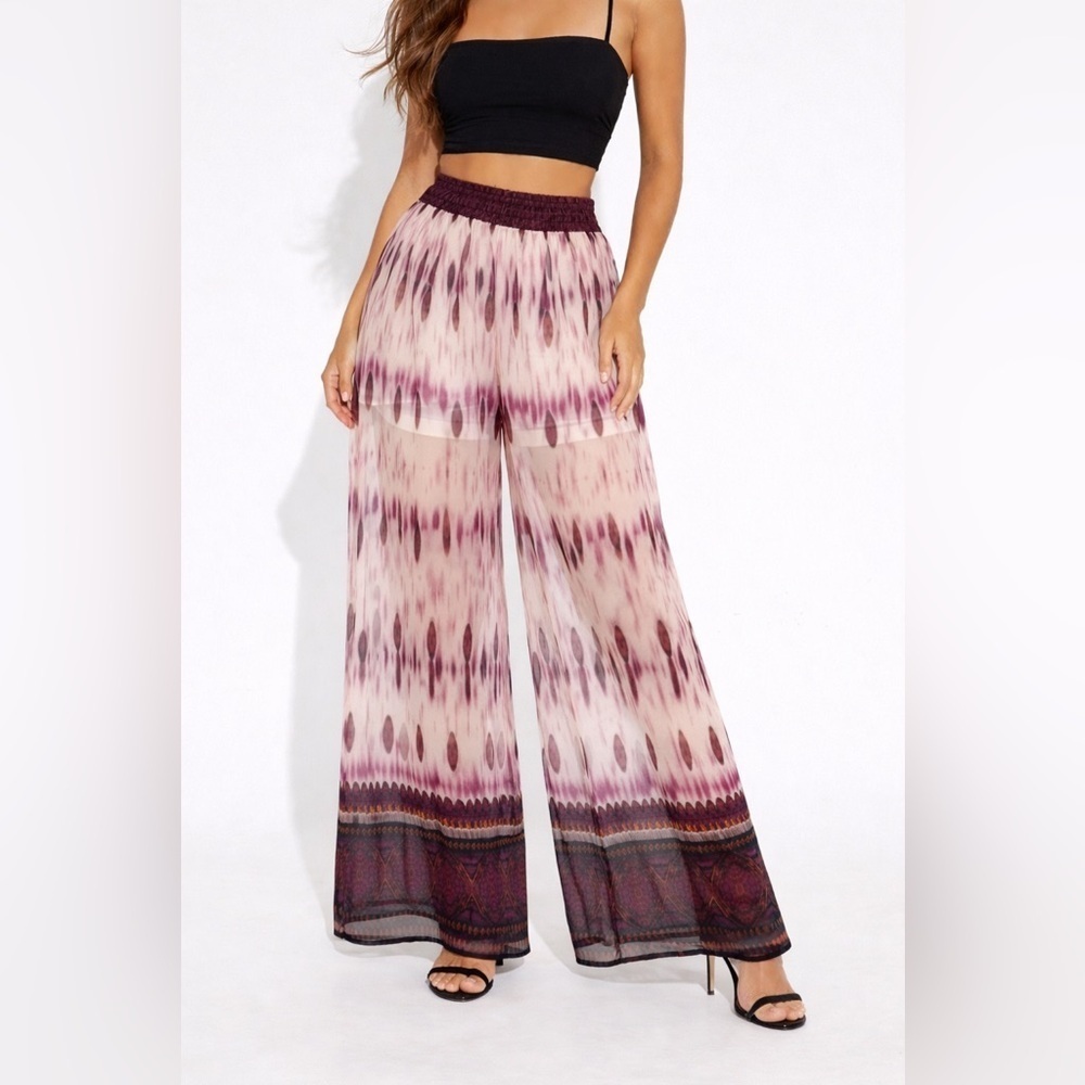 Romeo + Juliet Wide Palazzo Leg wine/ivory sheer pants w shorts lining size M